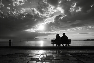 Obraz premium Couple sits on the bench near sea and sky