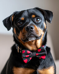 Obraz premium Rottweiler wearing black bow tie with red hearts, showcasing charming expression. This adorable dog exudes personality and love, perfect for any heartwarming occasion