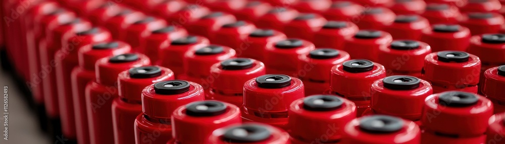 Poster a close-up view of a series of red cylindrical objects, arranged in a grid pattern, showcasing their
