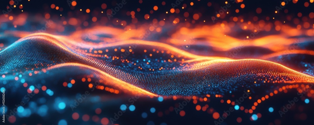 Poster horizontal gradient of orange and blue lights with glowing lines on a dark background, creating an a