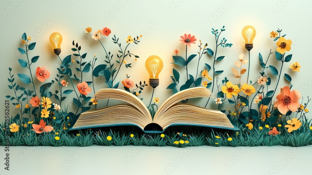 Poster open book sits center surrounded blooming lightbulbs and abstract symbols. soft pastels and elegant 
