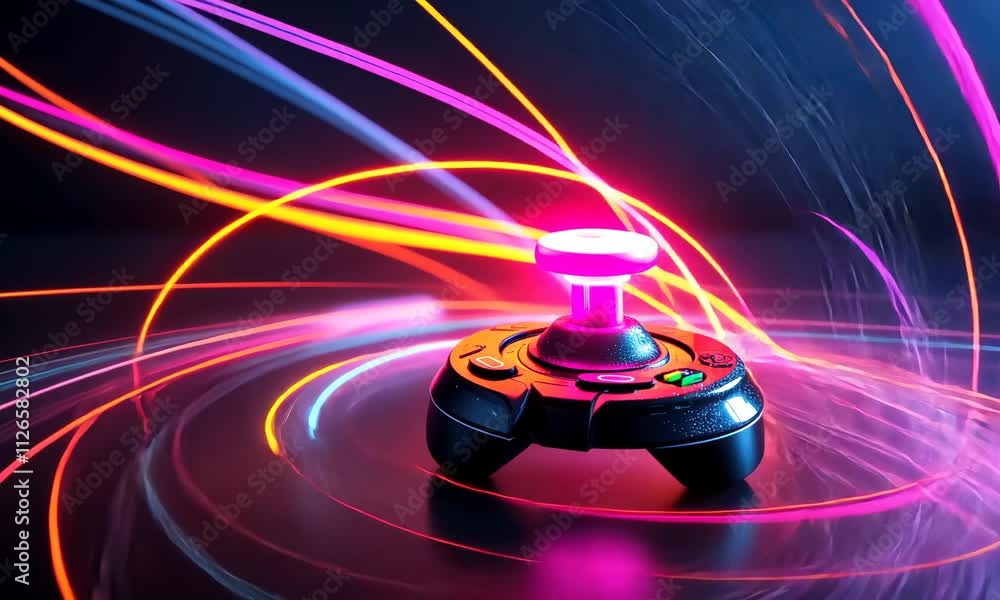 Poster multicolor light trails swirl around joystick in dark setup