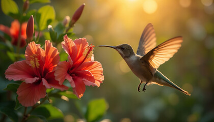 Naklejka premium wallpapers A beautiful hummingbird hovering near vibrant hibiscus flowers in soft sunlight. The scene captures the essence of nature and wildlife. AI generated.