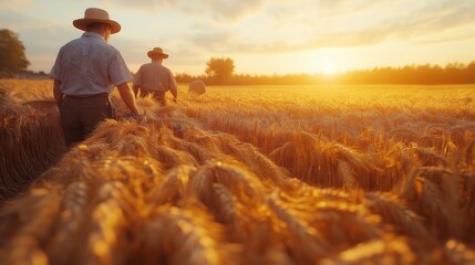 Farmers Walking Through Golden Wheat Field at Sunrise, Rural Lifestyle and Agriculture