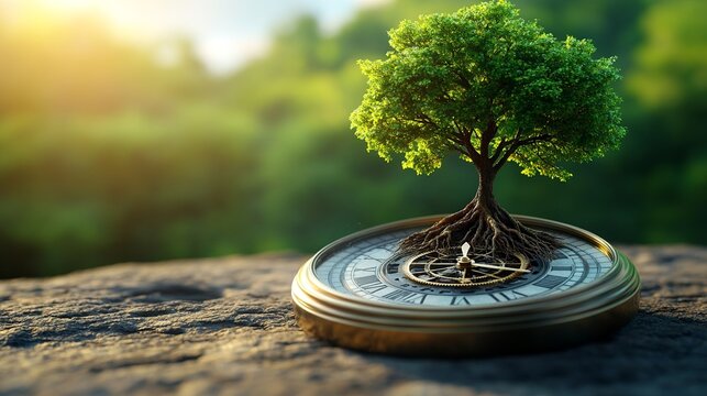 A small tree with roots growing from a vintage clock face sits on a rock outdoors.