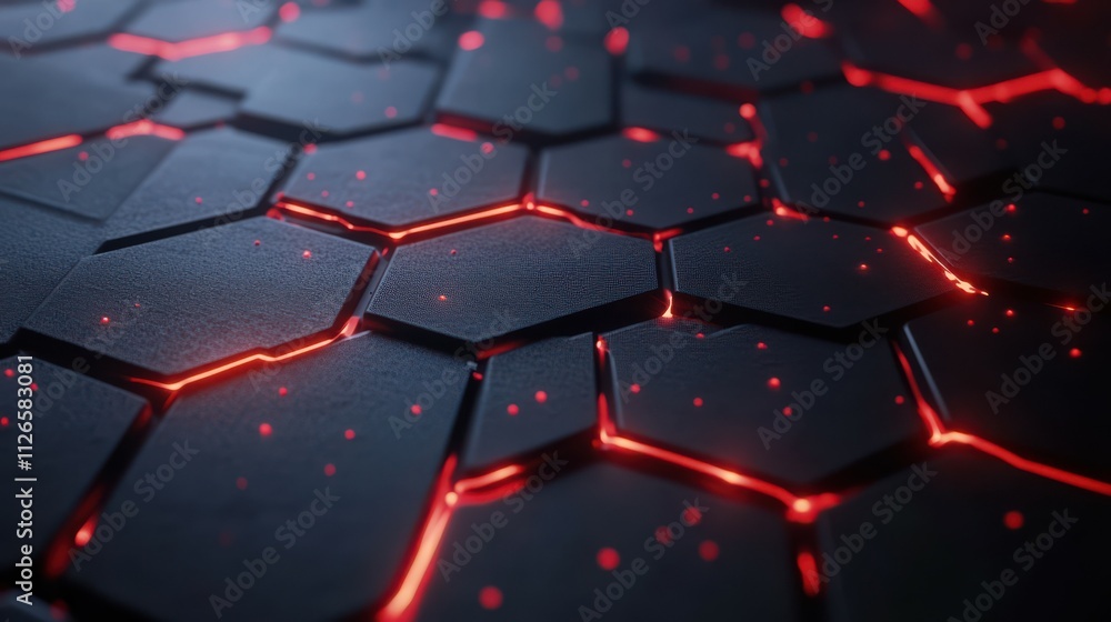Poster modern dark hexagonal carbon fiber with red luminous lines and highlights background.ai generated im