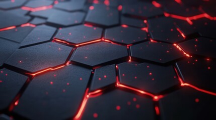 Obraz premium Modern Dark hexagonal carbon fiber with red luminous lines and highlights background.AI generated image