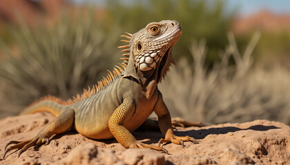 Fototapeta premium wallpapers A stunning close-up of a lizard poised on a rock, showcasing its vibrant colors and textures in a natural setting. AI generated.
