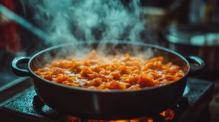 Steaming, delicious food cooking in a cast iron pan.