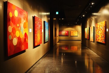 Vibrant art exhibition showcasing modern music-inspired paintings in a contemporary gallery space celebrating artistic expression and colorful imagination