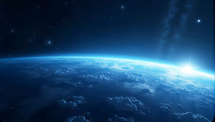 Fototapeta premium beyond the confines of the earth, starry night sky, cosmic view, glowing planet, blue atmosphere