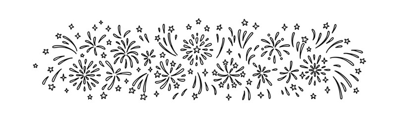 Doodle firework background. Happy New Year eve and Merry Christmas festive hand drawn vector pattern. Firecracker rocket explosion in the sky. Glitter, star, sparks, twinkle, confetti party border