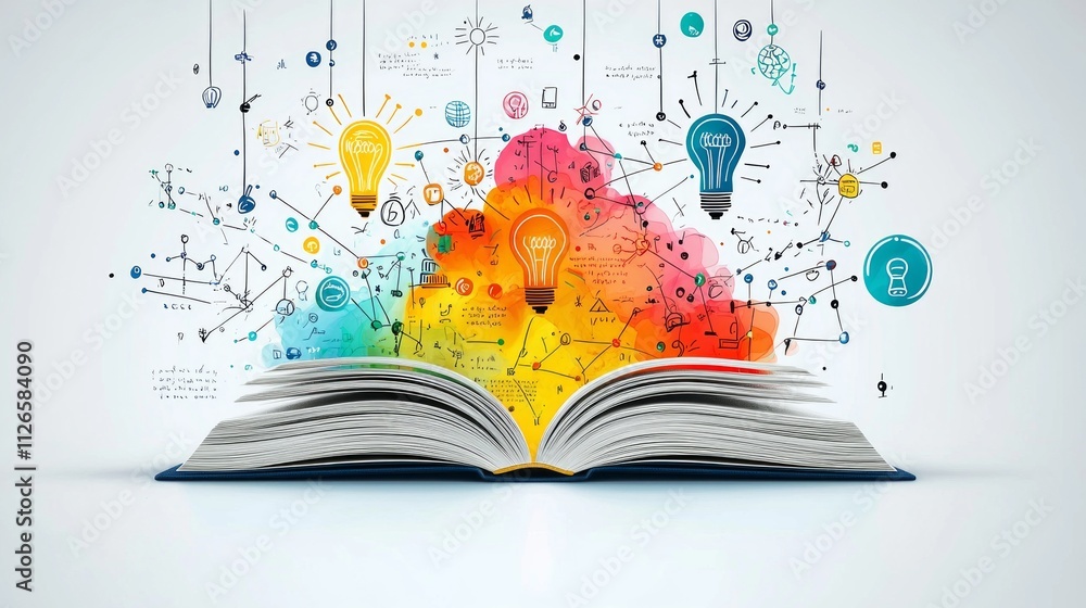 Poster open book sits center elegant lines depicting lightbulbs and symbols emerging its pages. soft pastel