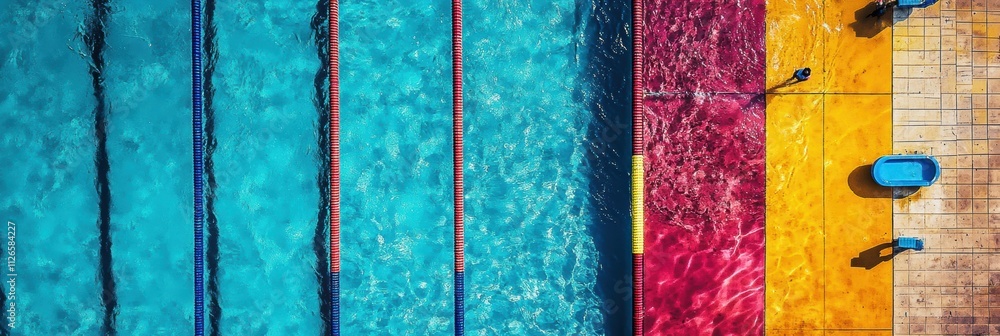 Poster a bright swimming pool viewed from above shows multiple lanes and vibrant colors, inviting swimmers 