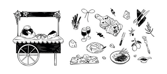 Set of cheese shop hand drawn sketch design elements. Dairy counter doodle handwriting clipart. Farm market cheese and wine stall. Local fair vendor. Charcuterie board and tapas platte. Wine glass