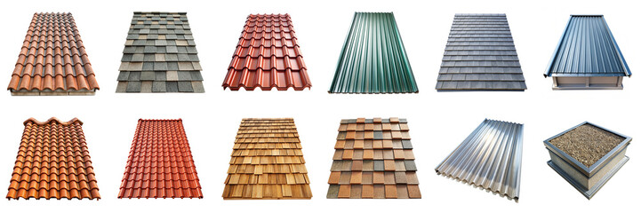Various roof types isolated on transparent background. Includes shingles, tiles, metal, plastic, fiberglass, and flat roofs in PNG collection