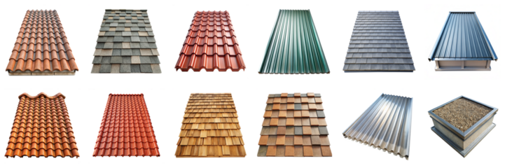 Various roof types isolated on transparent background. Includes shingles, tiles, metal, plastic, fiberglass, and flat roofs in PNG collection