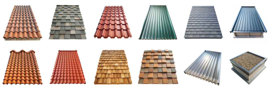 Various roof types isolated on transparent background. Includes shingles, tiles, metal, plastic, fiberglass, and flat roofs in PNG collection