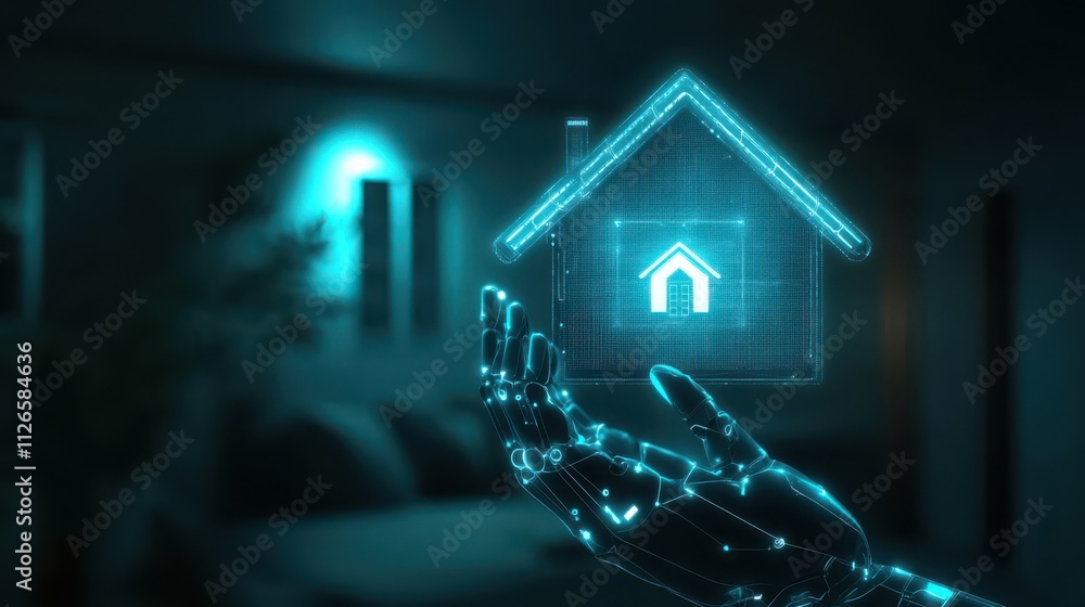 Poster smart home icon in robotic hand futuristic automation control system concept with a virtual interfac