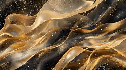  an abstract composition with flowing, wavy textures resembling liquid or silk The dominant colors are rich metallic tones, including gold and bronze, which create a sense of depth and luxury