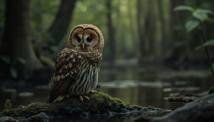 wallpapers A beautiful owl perched on moss by a tranquil water source in a lush forest setting. Its striking features and calm demeanor create a serene ambiance. AI generated