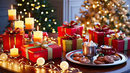 Fototapeta premium Festive gift arrangements with candles and cookies at a cozy holiday setting