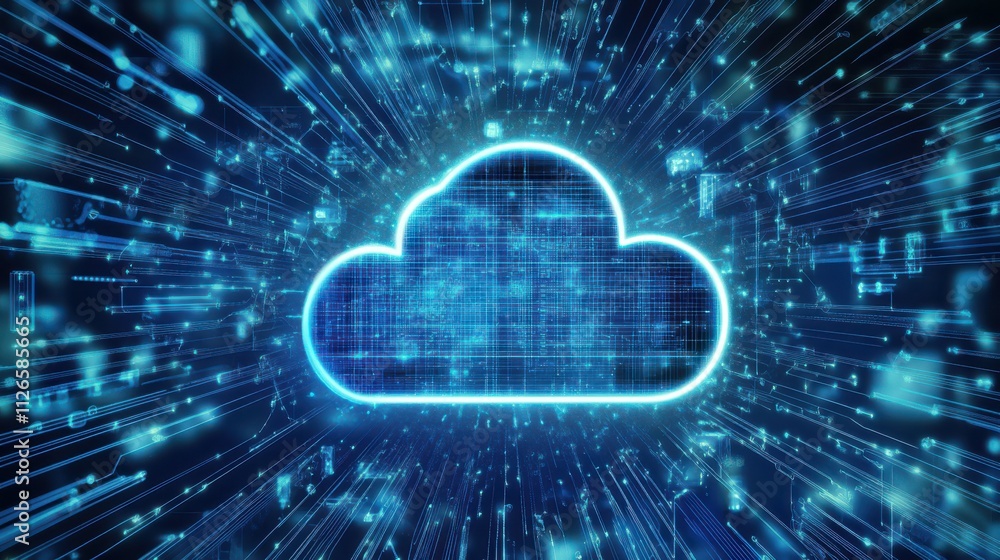 Poster illustration depicting the concept of cloud computing technology, emphasizing its significance in mo
