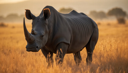 Obraz premium wallpapers A stunning black rhinoceros stands gracefully in golden grasslands during sunset, showcasing nature's beauty and tranquility. AI generated.