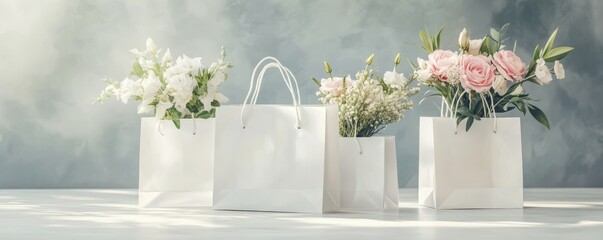 White shopping bags with beautiful bouquet