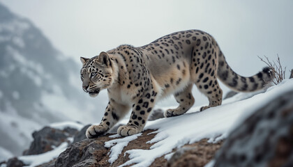 Obraz premium wallpapers A stunning snow leopard gracefully moves across a snowy terrain, showcasing its beautiful fur pattern against a rugged backdrop. AI generated