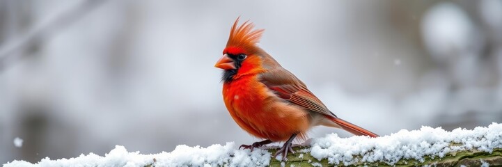 This captivating image showcases a vibrant male cardinal perched on a snow-covered branch. The bird's bright red plumage stands out against the wintery backdrop, creating a striking and beautiful.