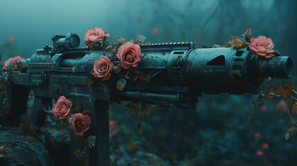 Fototapeta premium Flower weapons, A futuristic weapon adorned with vibrant roses, set against a misty, ethereal background, blending themes of beauty and conflict.
