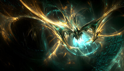 Abstract fractal art featuring swirling gold and teal energy, resembling a cosmic explosion or digital realm. Ideal for tech, fantasy, or science fiction projects.