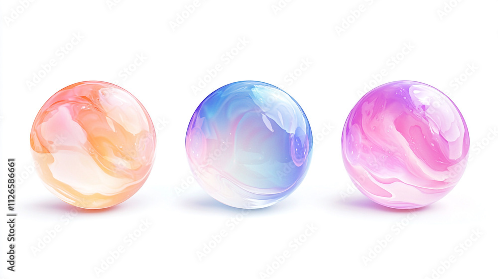 Poster colorful translucent spheres with swirling patterns displayed on a white background