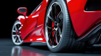 Close-Up Perspective of a Red Sports Car with Shiny Wheels Highlighting Modern Automotive Design and Engineering Excellence