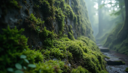 wallpapers A serene view of a moss covered path surrounded by trees in a foggy atmosphere. The lush greenery creates a tranquil and enchanting environment. AI generated.