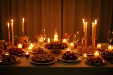 A wide shot of a buffet filled with festive treats and glowing candles.