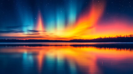 Fototapeta premium Aurora borealis, blue and yellow polar lights over body of water