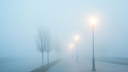 A dense fog rolling across a quiet street, the soft light of streetlamps breaking through, symbolizing confusion and disorientation.