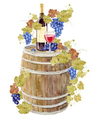 Watercolor wooden oak barrel for storing fermented wine. Red wine bottle with old paper label. Illustration for tasting, menu, cafe, bar, posters and wine list design.