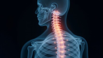 Transparent human figure showcasing a vibrant spine, illustrating various spinal stresses and disorders for medical insight
