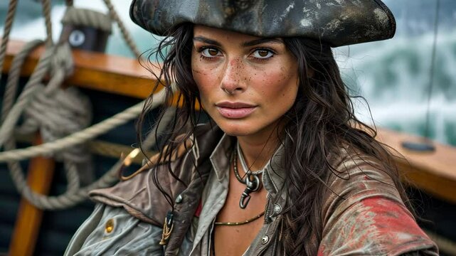 Pirate adventure at sea: a lone pirate stands on the deck of old ship, dressed in traditional 17th-century garb, ready for a thrilling journey under a bright sunset, surrounded by wind and saltwater.