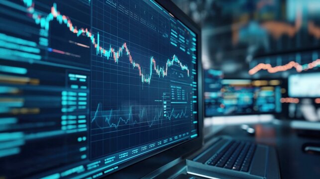 Financial trading terminal with blue stock market charts and candlestick graphs. Modern digital investment platform interface with economic data visualization in dark office environment