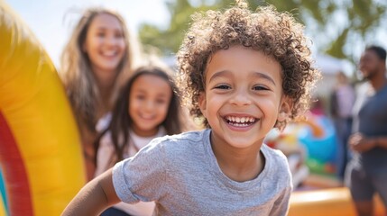 Adults and kids smiling while participating in a fun, interactive activity like a bounce house or face painting at a festival