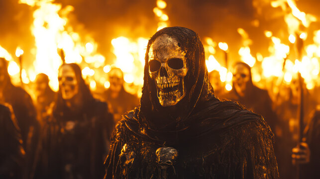 Dead leader of demons, zombies with torches