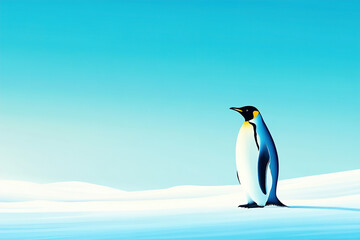 Naklejka premium Elegant emperor penguin standing alone on a snowy landscape under a clear blue sky