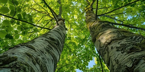 tilted up shot two tall trees with a green crown of foliage blue sky