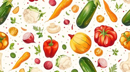 A seamless pattern of colorful vegetables on a white background.