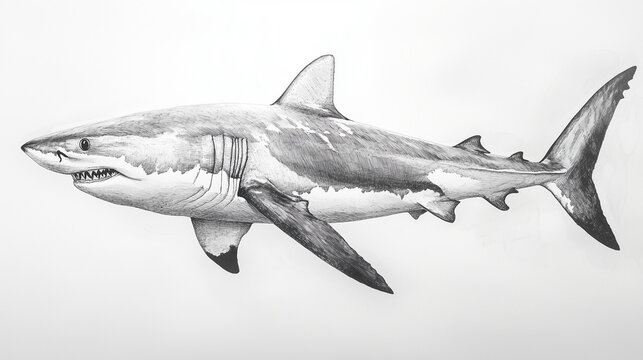 Shark Detailed Naturalistiс Illustration in Black and White. Intricate Pencil Artwork.  Zoological Monochrome animal Anatomy Drawing