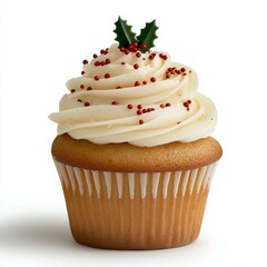 Festive Christmas Cupcake with White Frosting and Holly Decor on Red Sprinkles, Minimalistic Holiday Dessert Concept